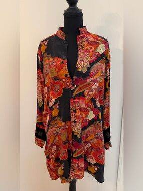 Vintage Chico's Design 100% Silk Asian Inspired Floral Tunic Art To Wear Medium